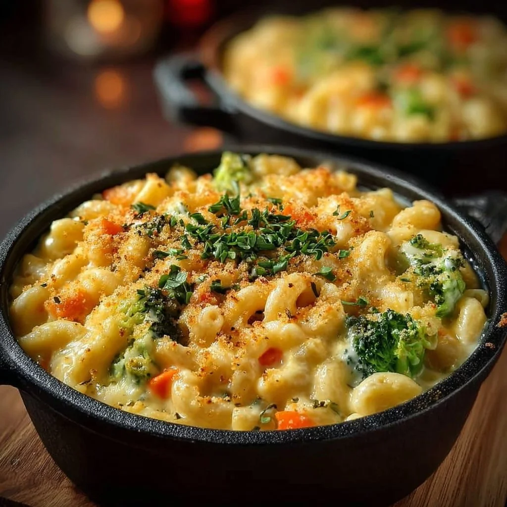 Ein Topf mit schmackhaften Gemüse-Makkaroni und Käse