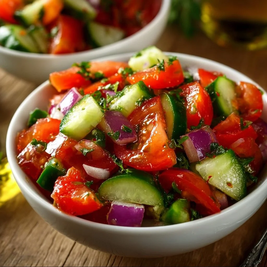 Einfacher Tomaten-Gurken-Salat auf einem Teller dekoriert