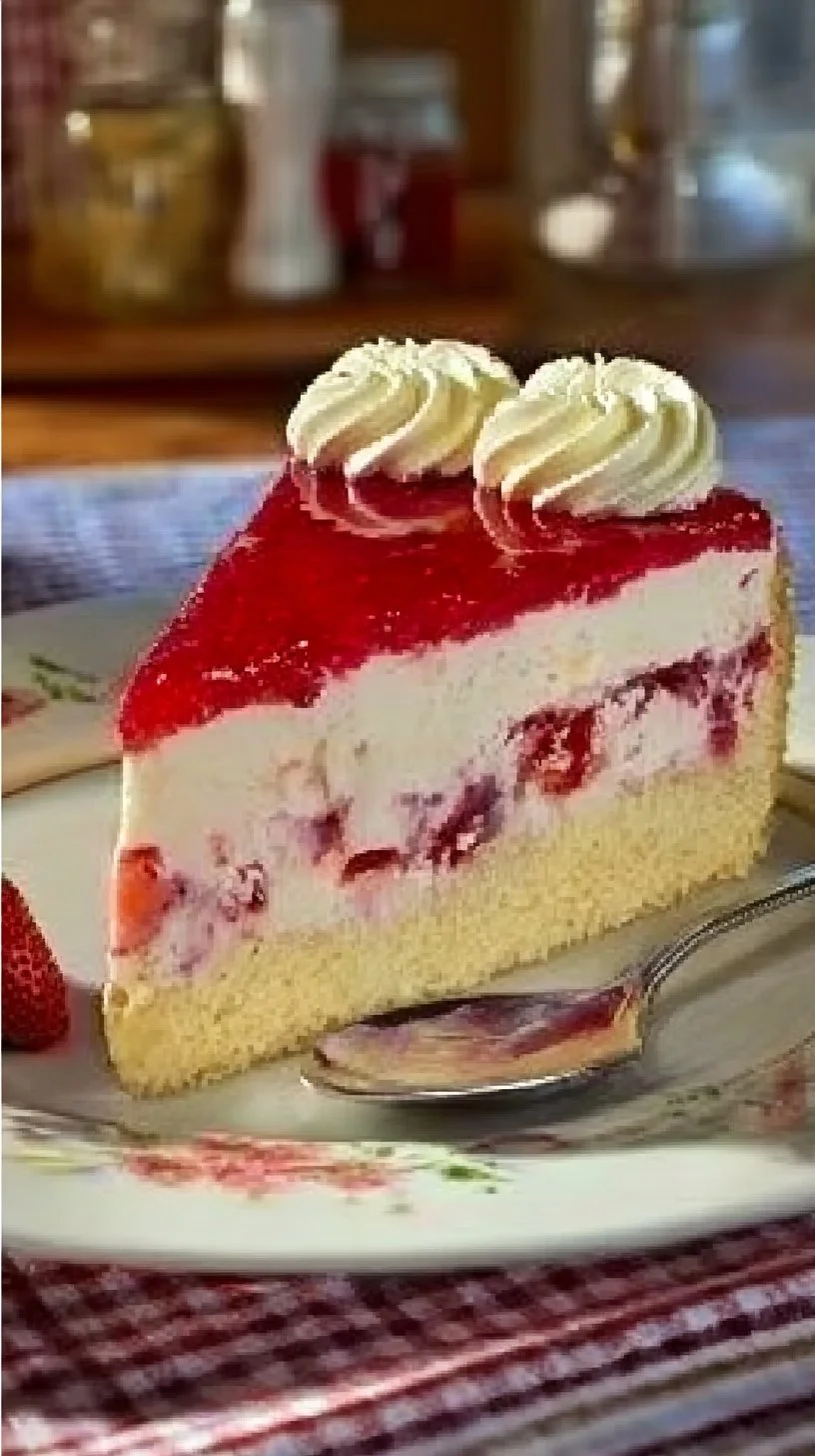 Erdbeer-Quark-Torte mit frischen Erdbeeren auf einem rustikalen Holzuntergrund