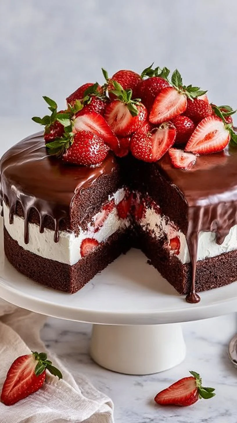 Leckere Erdbeer-Schoko-Torte mit frischen Erdbeeren und Schokoladenglasur
