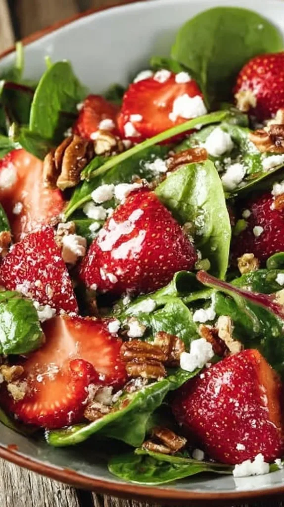 Erdbeer-Spinat-Salat mit hausgemachtem Balsamico-Dressing auf einem Teller