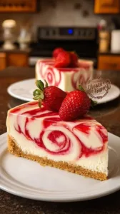 Erdbeerwirbel-Käsekuchen auf einem Teller mit frischen Erdbeeren dekoriert