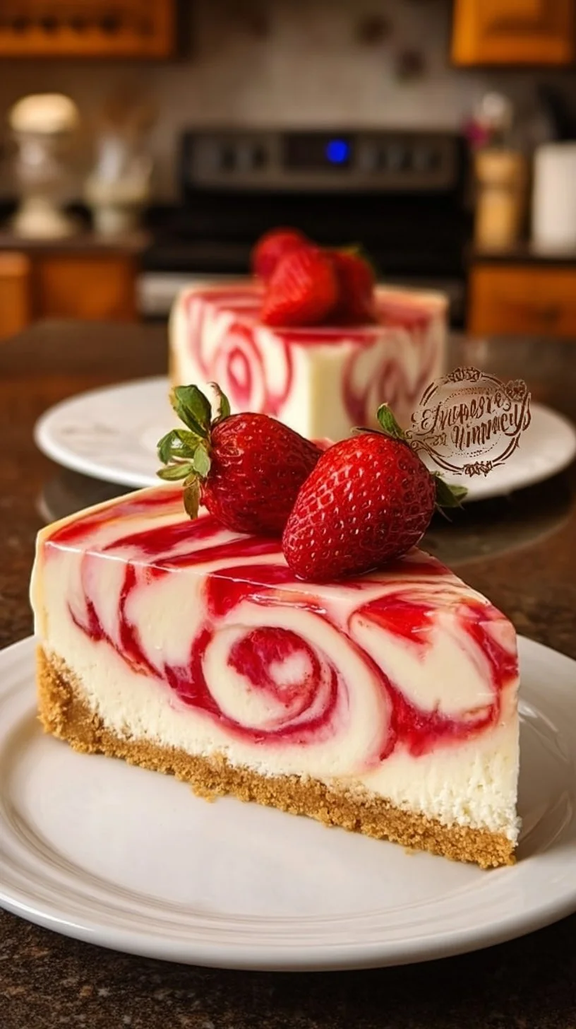 Erdbeerwirbel-Käsekuchen auf einem Teller mit frischen Erdbeeren dekoriert