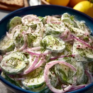 Erfrischender Gurkensalat mit Joghurt-Dressing auf einem weißen Teller