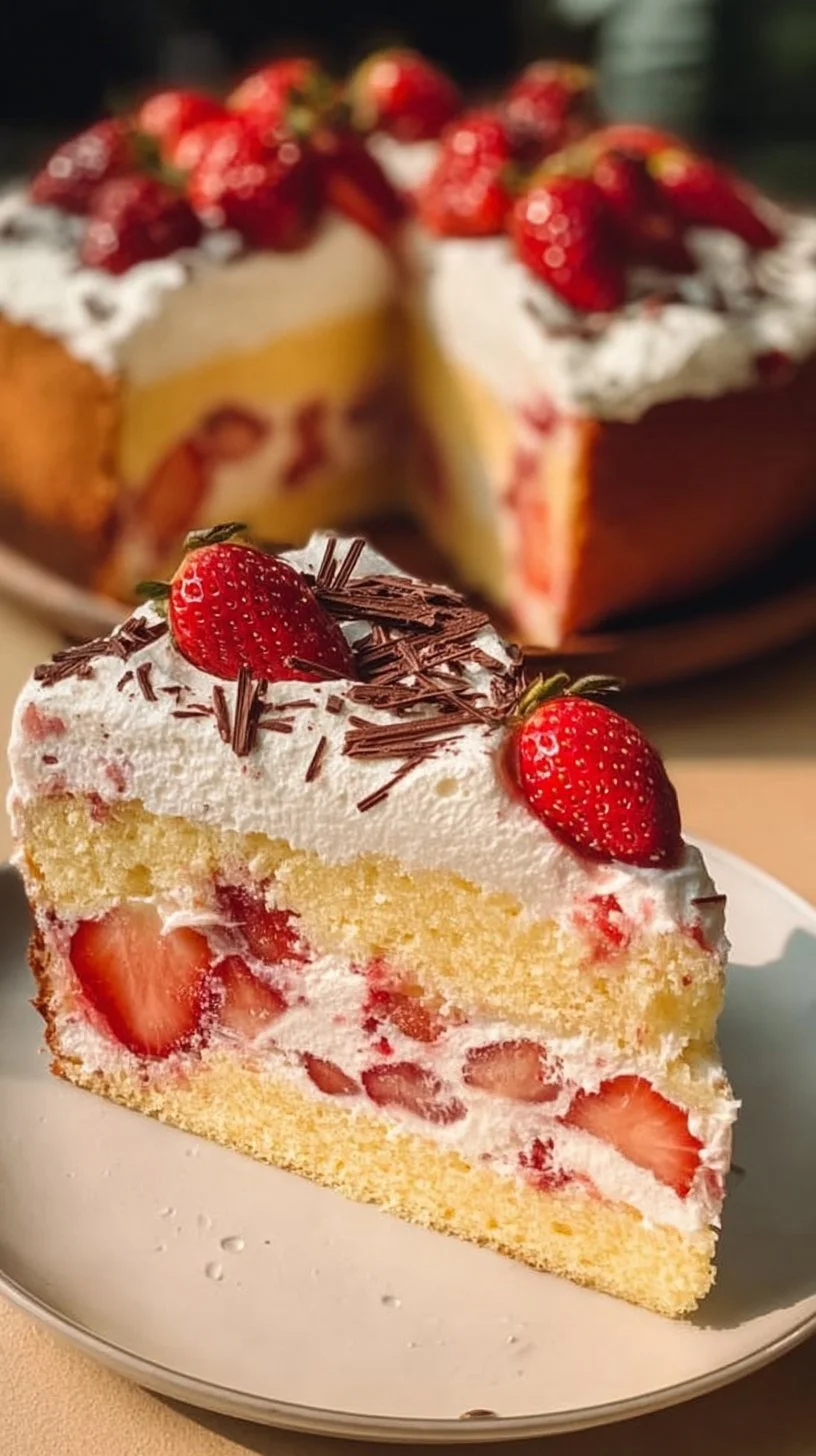 Fantakuchen mit frischen Erdbeeren auf einem hübschen Teller