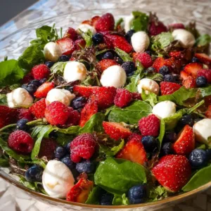 Feldsalat mit Beeren und Mini Mozzarella auf einem Teller ansprechend serviert.