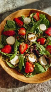 Feldsalat mit Ziegenkäse und Erdbeeren auf einem Teller