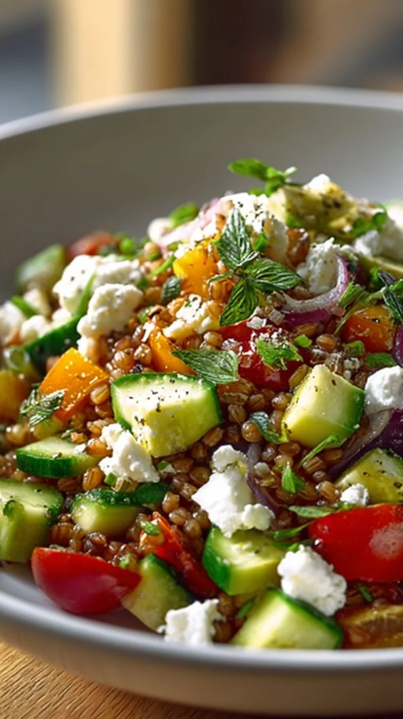 Frischer Linsensalat mit Feta und buntem Gemüse auf einem Teller