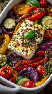 Gebackener Feta auf einem Bett aus mediterranem Gemüse