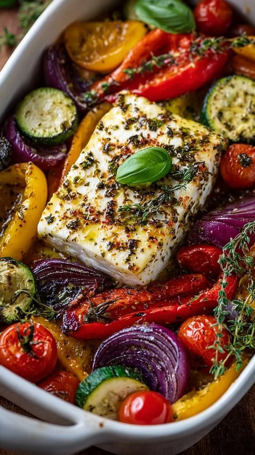 Gebackener Feta auf einem Bett aus mediterranem Gemüse