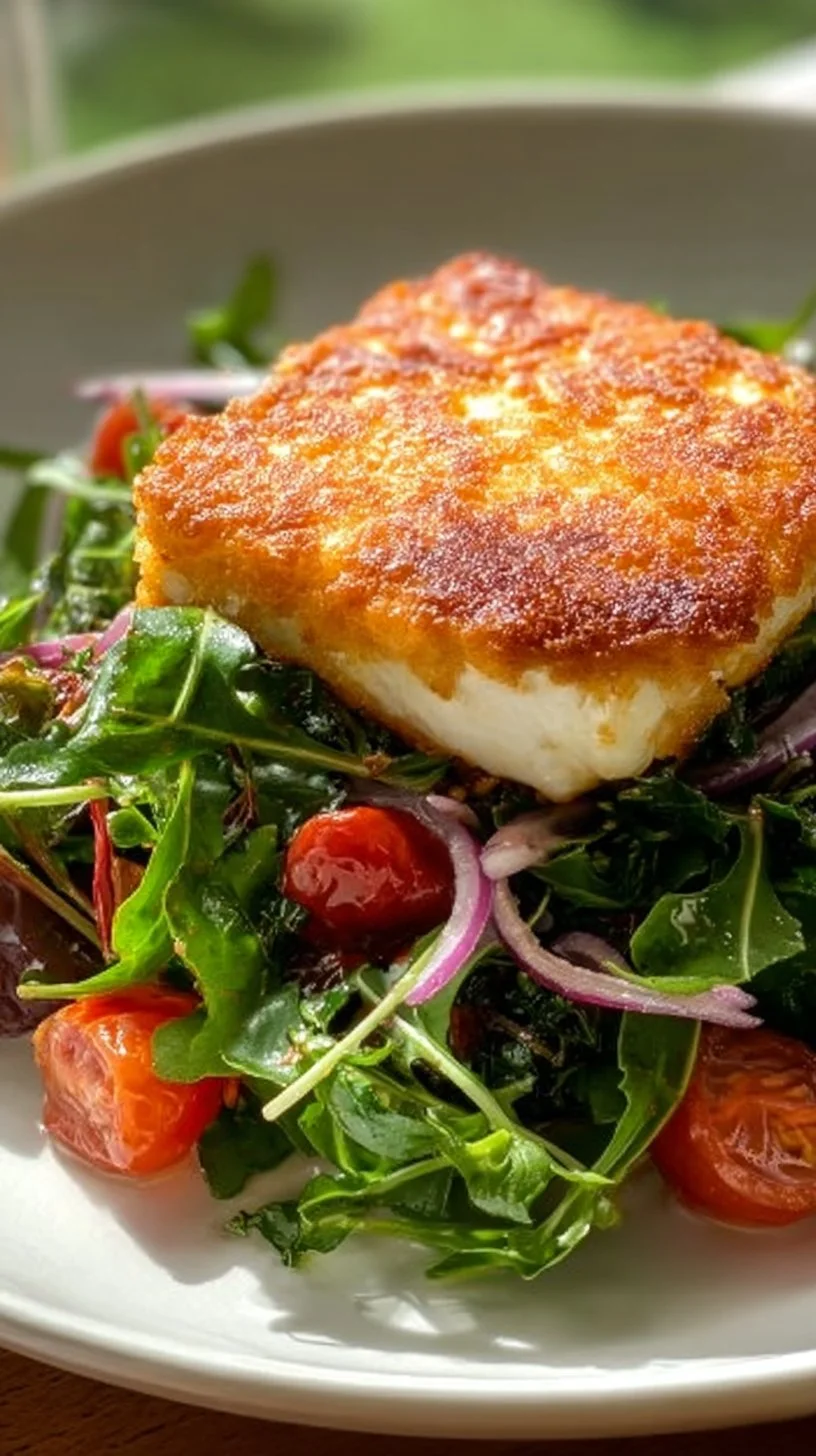 Gebackener Feta auf einem Rucolasalat mit frischen Kräutern und Gewürzen.