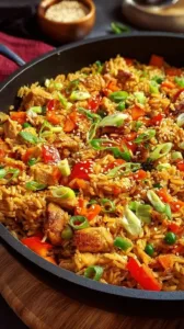 Gebratener Asia Reis mit Gemüse und Hähnchen auf einem Teller