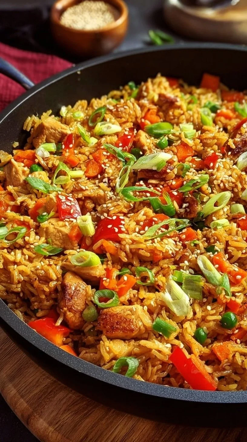 Gebratener Asia Reis mit Gemüse und Hähnchen auf einem Teller