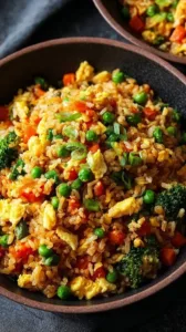 Gebratener Reis mit Gemüse und Ei auf einem Teller serviert.