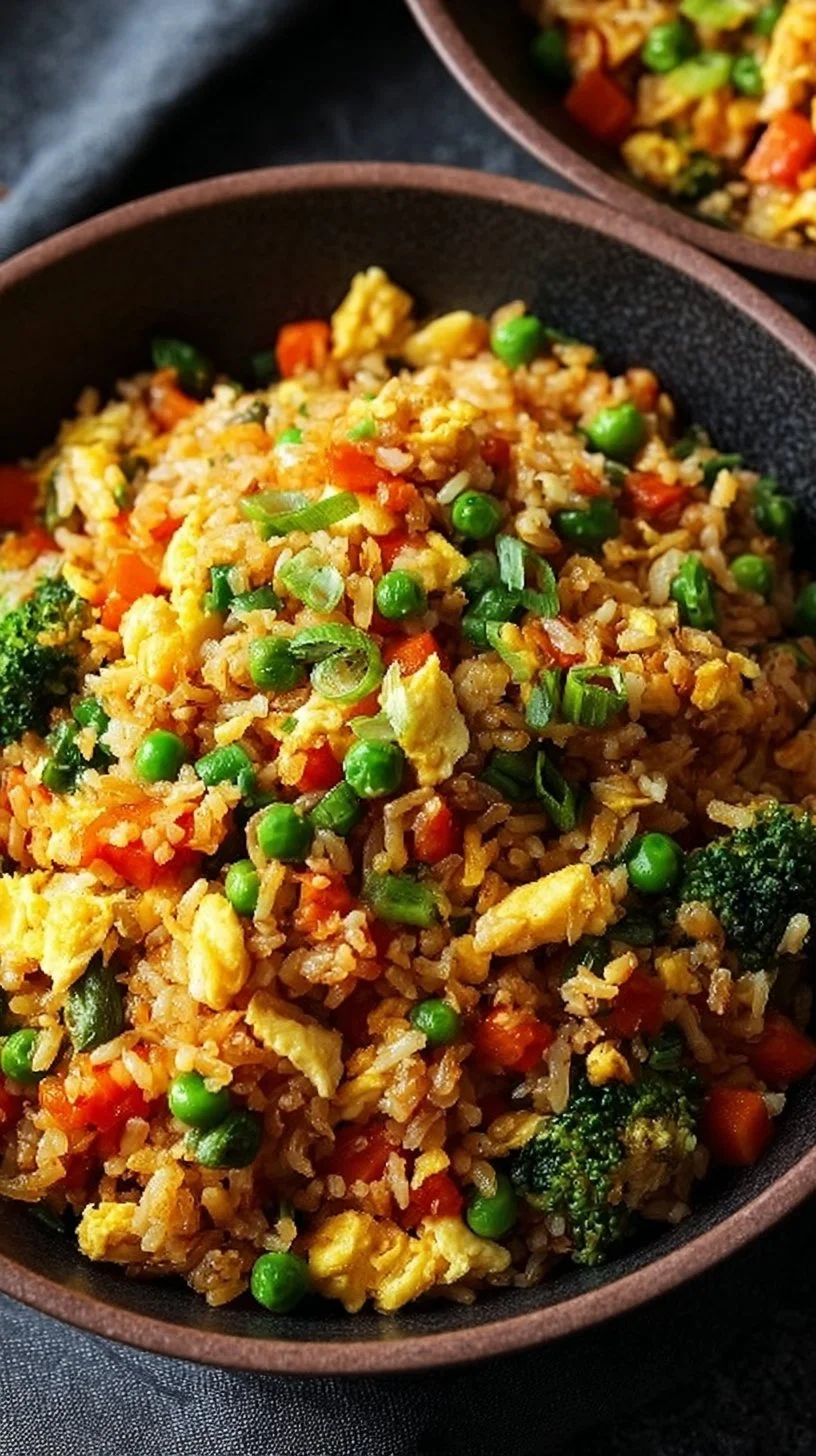 Gebratener Reis mit Gemüse und Ei auf einem Teller serviert.