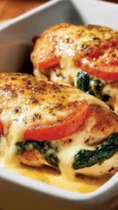 Gefüllte Hähnchenbrust mit Spinat, Mozzarella und getrockneten Tomaten auf einem Teller