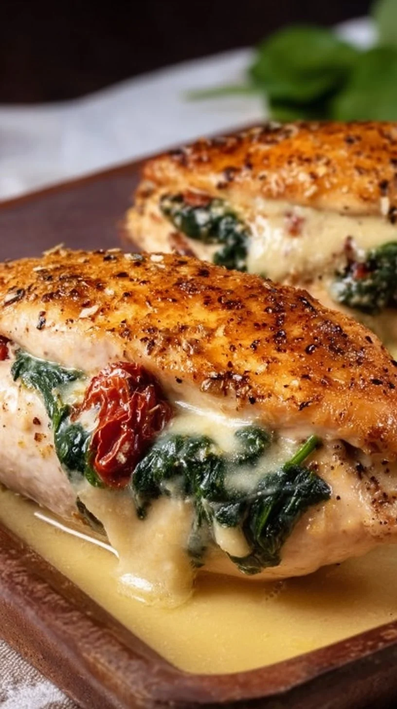 Gefüllte Hähnchenbrust mit Spinat, Mozzarella und getrockneten Tomaten