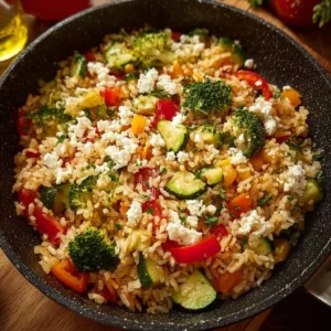 Bunte Gemüse Reispfanne mit frischem Gemüse und aromatischen Gewürzen