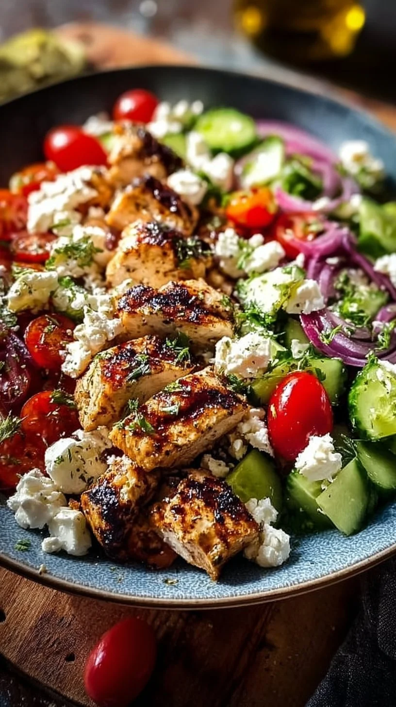 Griechische Hähnchen-Bowl mit Gemüse und Dressing, leckeres Rezept