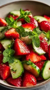 Frischer Gurken Erdbeersalat mit Erdbeeren und Dressing