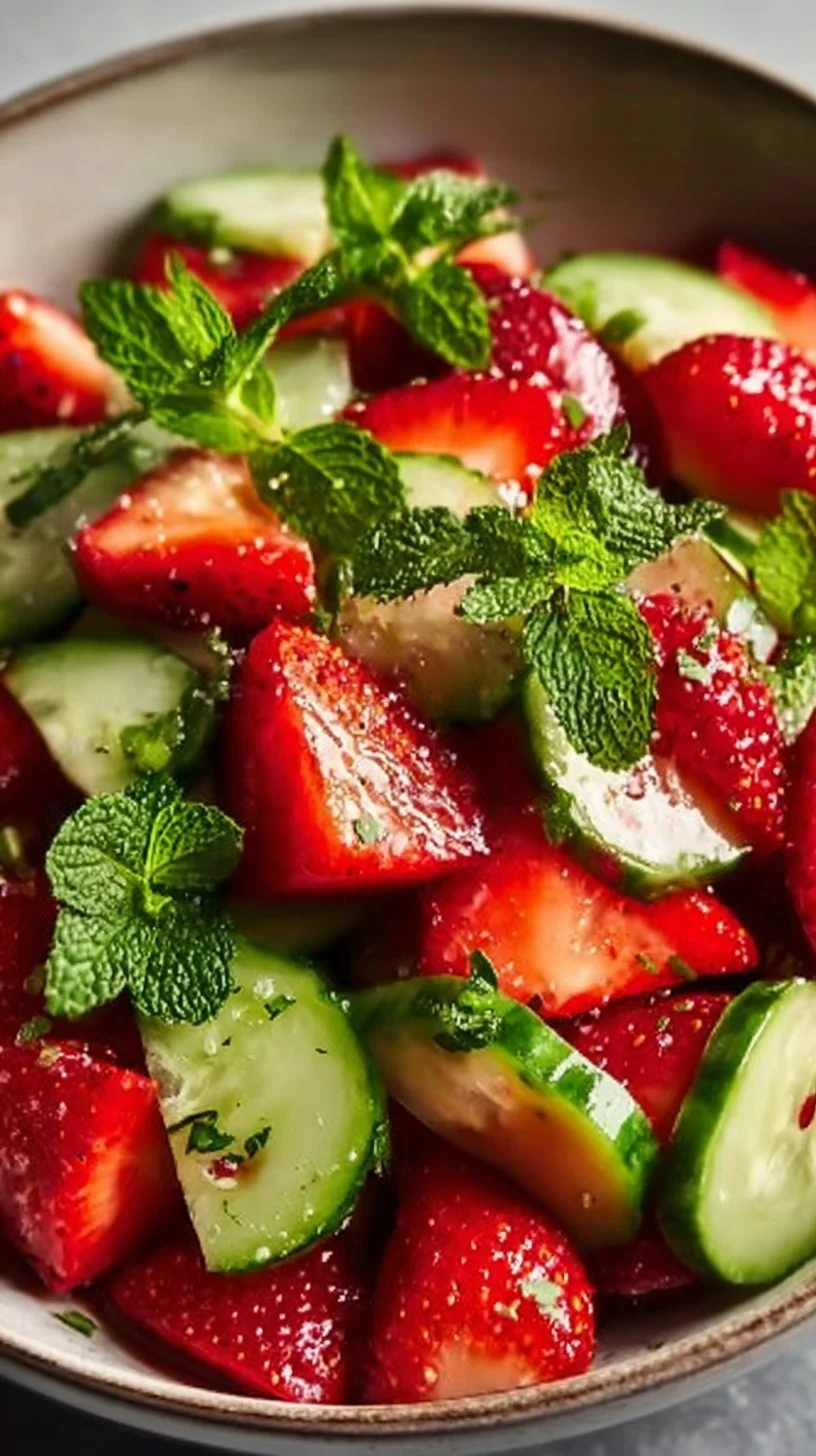 Frischer Gurken Erdbeersalat mit Erdbeeren und Dressing