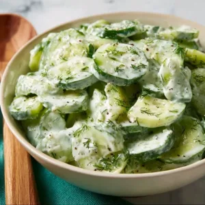 Erfrischender Gurkensalat mit Joghurt in einer Schüssel serviert.