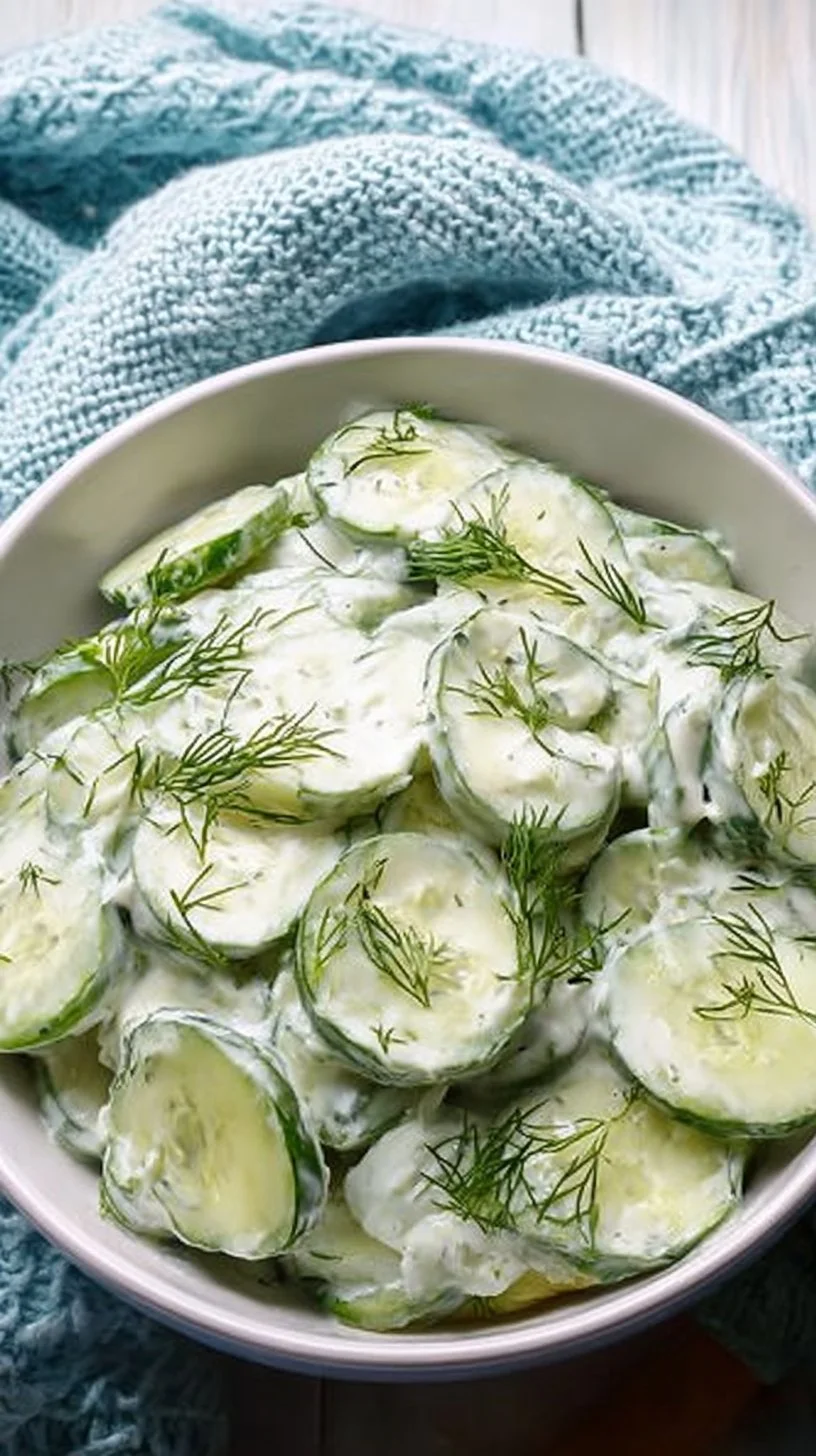 Gurkensalat mit Joghurt-Dressing auf einem Teller serviert