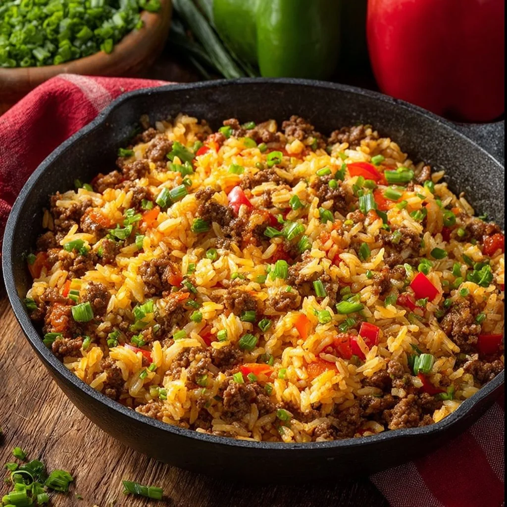Leckere Hackfleisch-Reis-Pfanne in einer Pfanne serviert mit frischen Kräutern