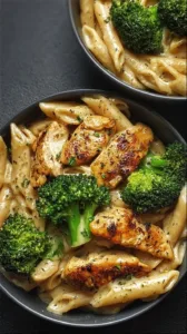 Hähnchen-Brokkoli-Pasta auf einem Teller garniert mit Parmesankäse