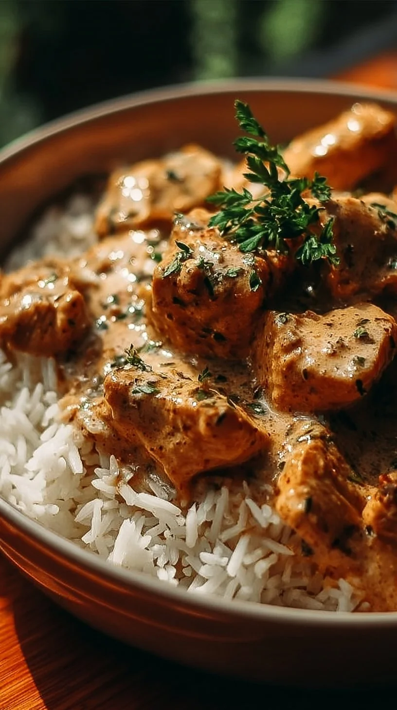 Hähnchen in cremiger Kräutersauce serviert auf einem Teller
