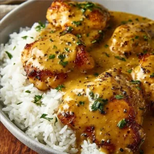 Hähnchen in Honig-Senf-Sauce serviert mit frischen Kräutern