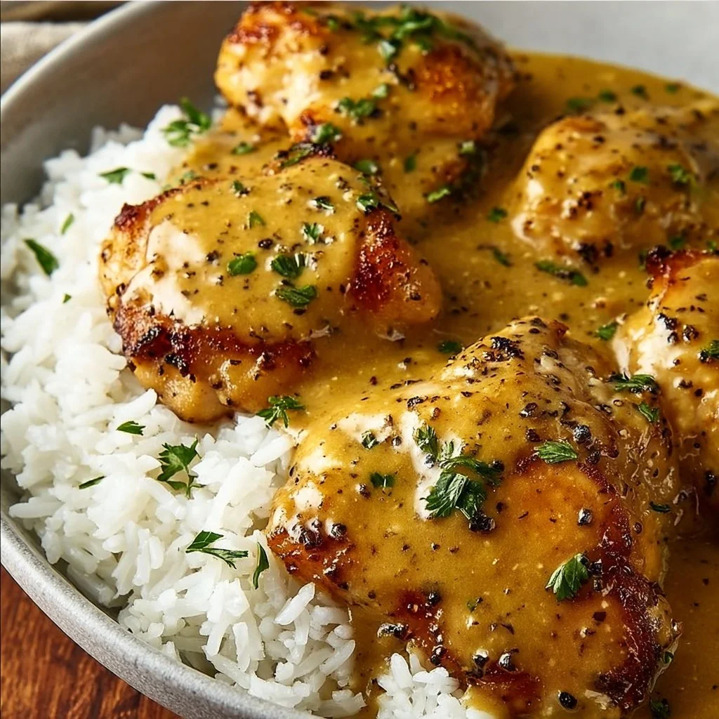 Hähnchen in Honig-Senf-Sauce serviert mit frischen Kräutern