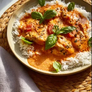 Hähnchen mit Reis und Tomatensoße auf einem Teller gerichtet