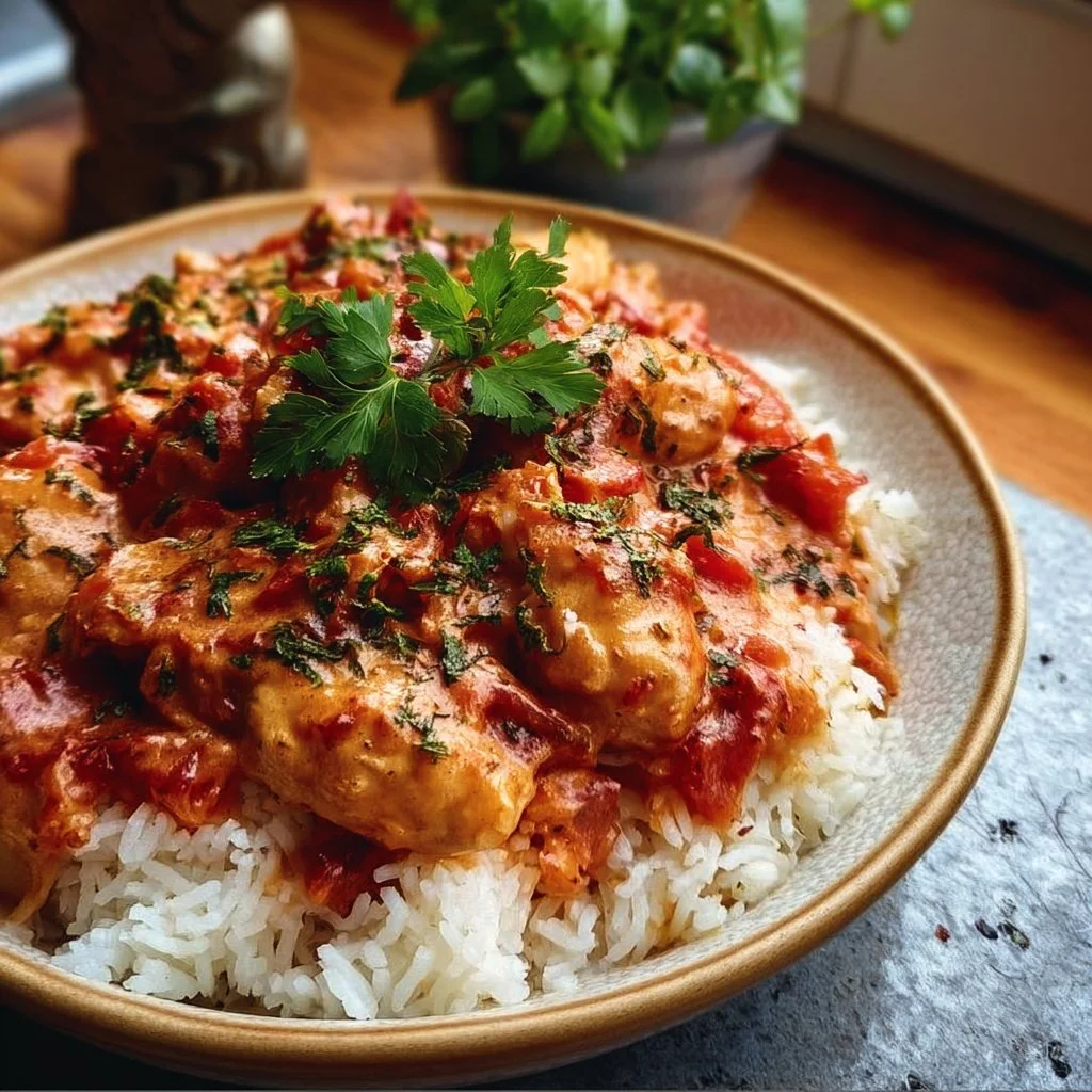 Hähnchen mit Reis und Tomatensoße