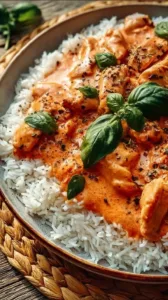 Hähnchen mit Reis und Tomatensoße auf einem Teller serviert