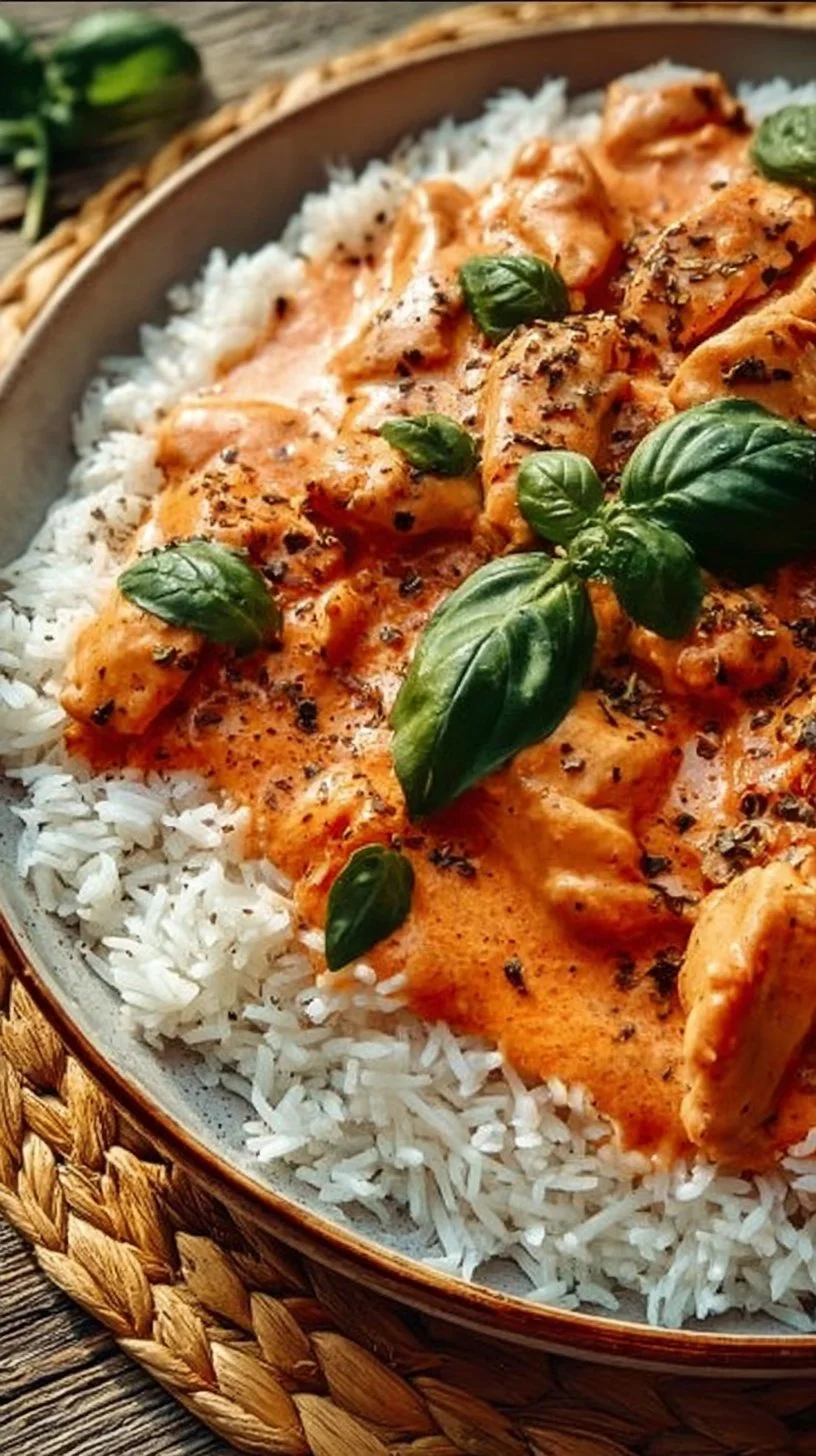 Hähnchen mit Reis und Tomatensoße auf einem Teller serviert