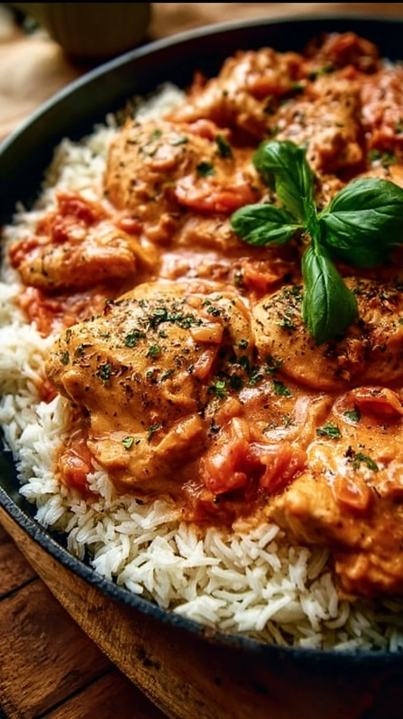 Hähnchen mit Reis und Tomatensoße