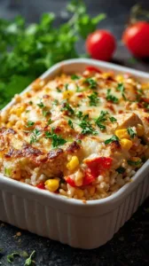 Leckerer Hähnchen-Reis-Auflauf auf einem Teller serviert