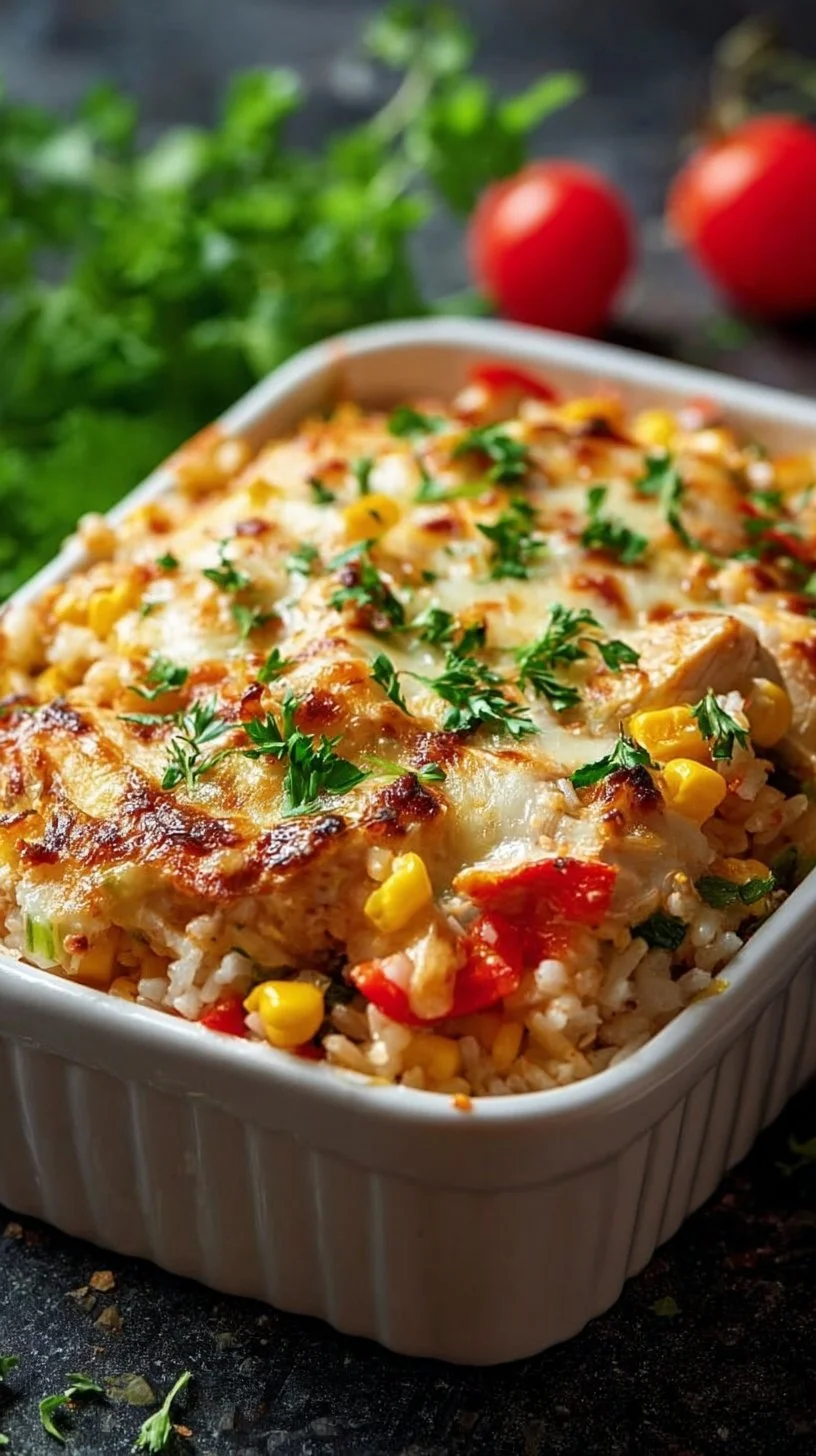 Leckerer Hähnchen-Reis-Auflauf auf einem Teller serviert