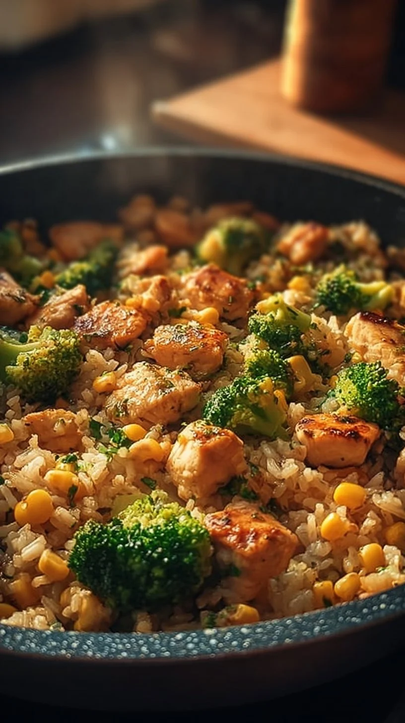 Hähnchen-Reis-Pfanne mit Brokkoli und Mais
