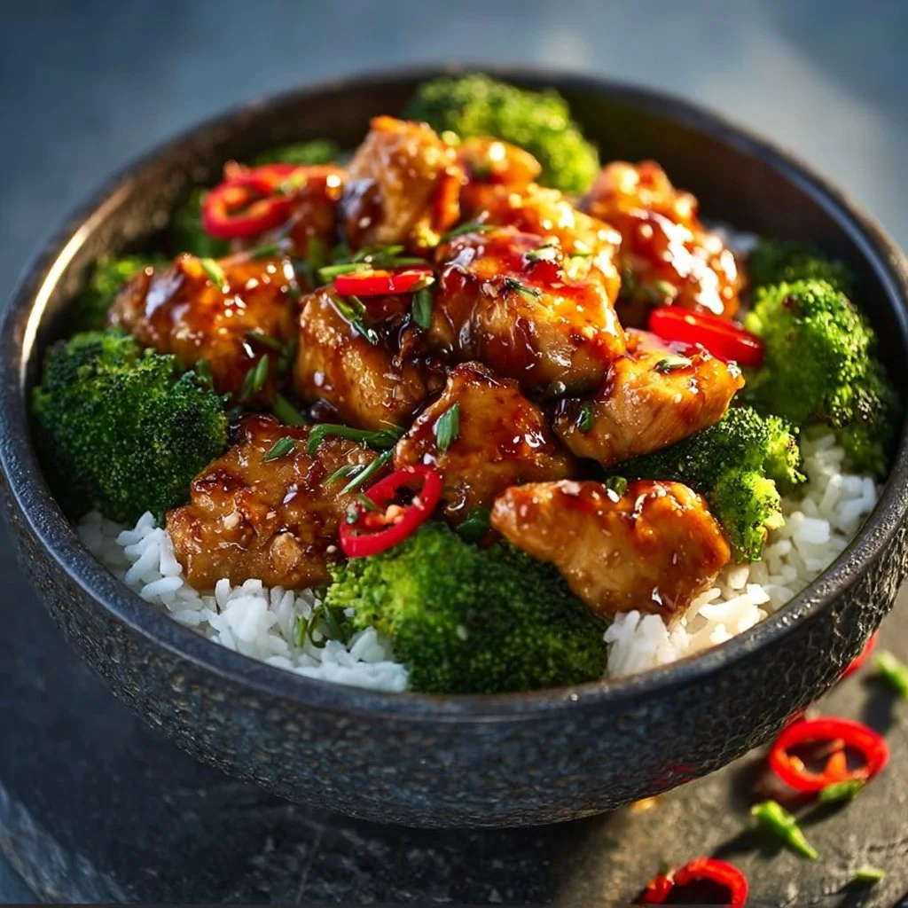 Leckeres Hähnchen Teriyaki mit Brokkoli und Reis serviert auf einem Teller