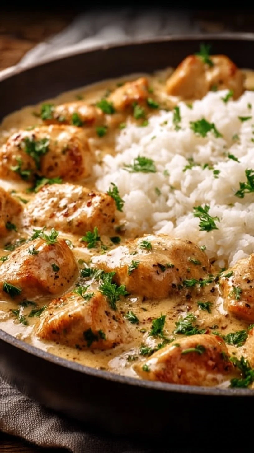 Hähnchenbrust in Sahnesauce mit Reis auf einem Teller serviert