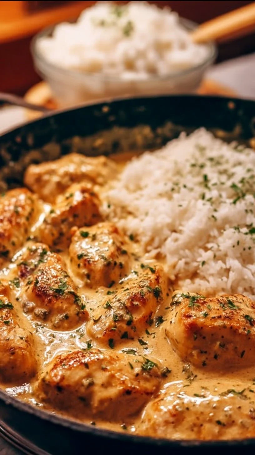 Hähnchenbrust in Sahnesauce mit Reis