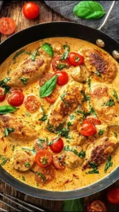 Hähnchenfilet in cremiger Frischkäse-Parmesan-Soße auf einem Teller angerichtet