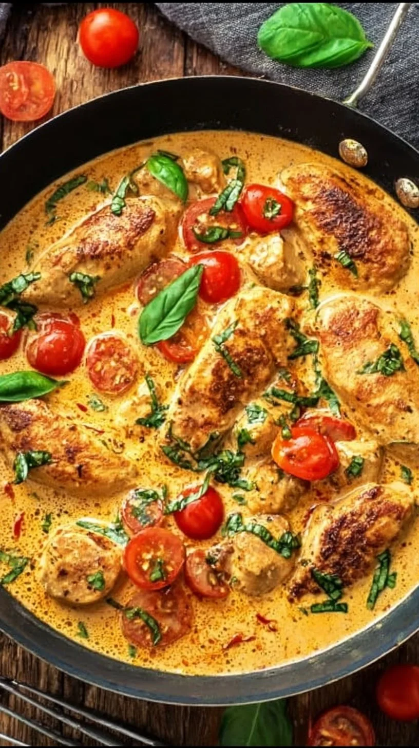 Hähnchenfilet in cremiger Frischkäse-Parmesan-Soße auf einem Teller angerichtet
