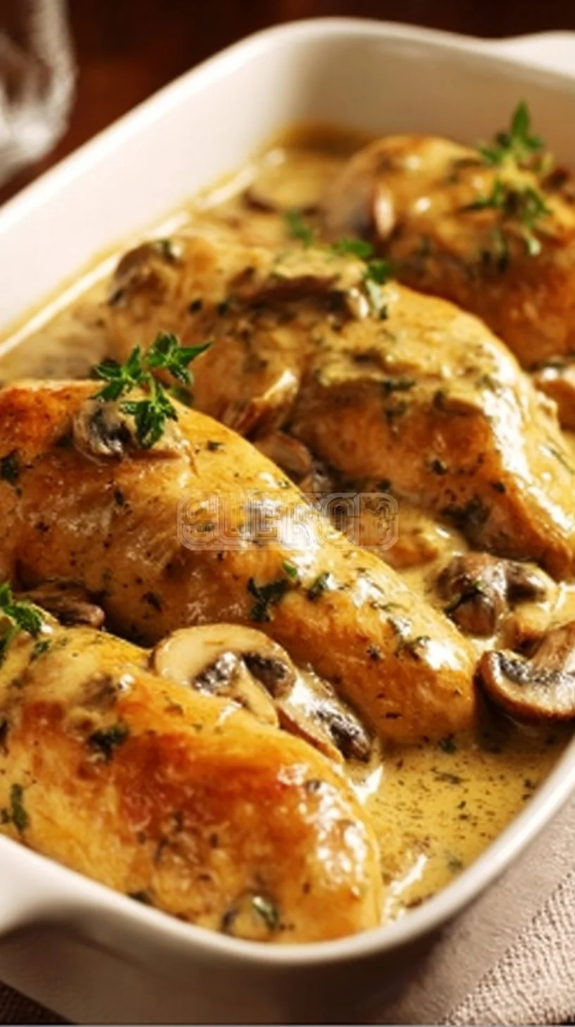 Leckeres Hähnchenfilet mit Champignons und Goudakäse auf einem Teller angerichtet.