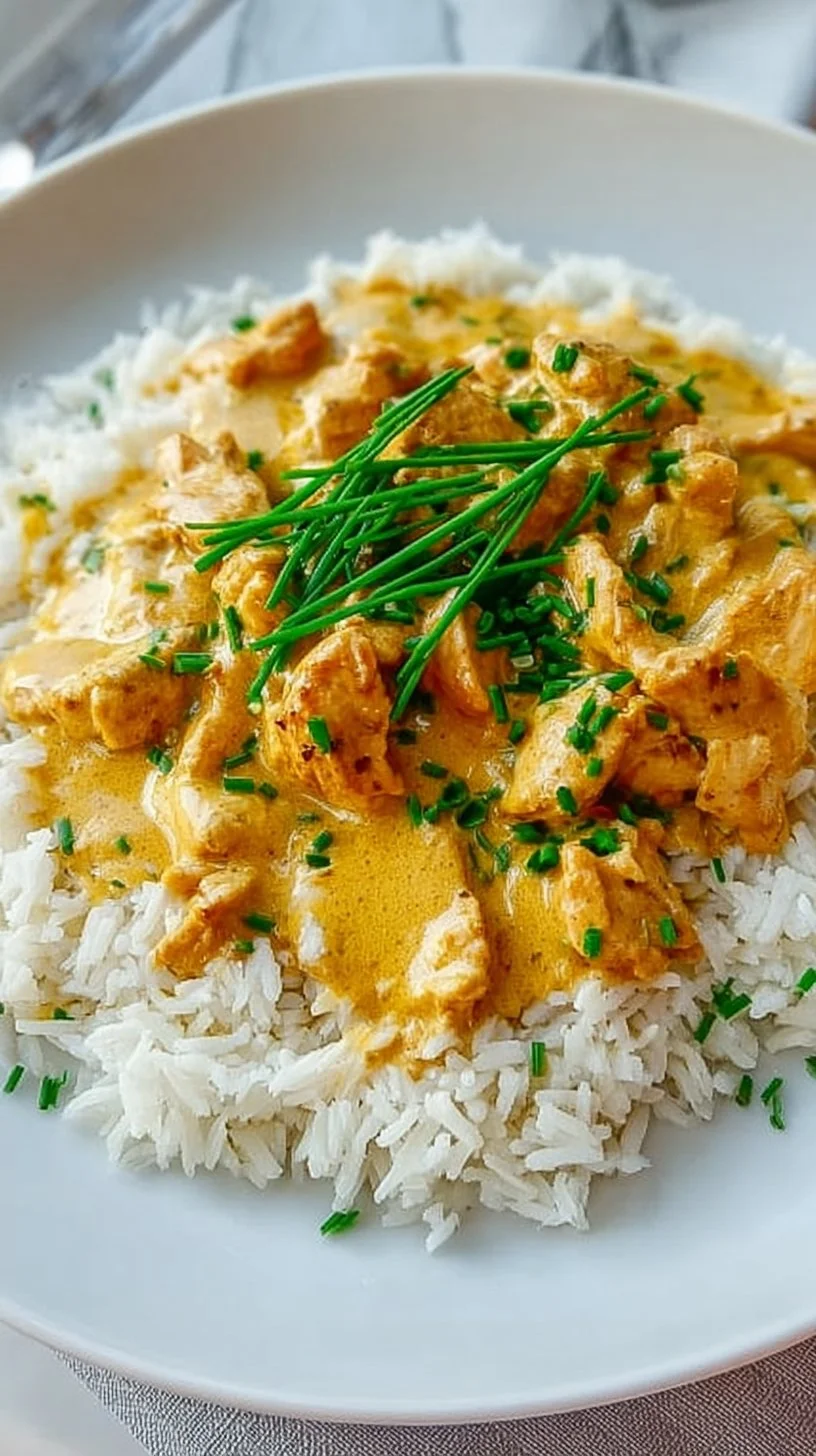 Hähnchengyros in Schmandsoße serviert mit Reis auf einem Teller