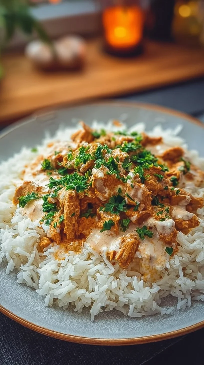 Hähnchengyros in Schmandsoße mit Reis