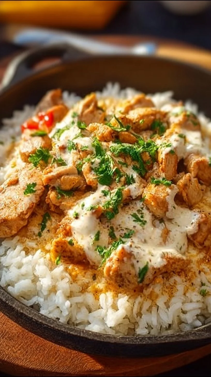 Hähnchengyros in Schmandsoße mit Reis