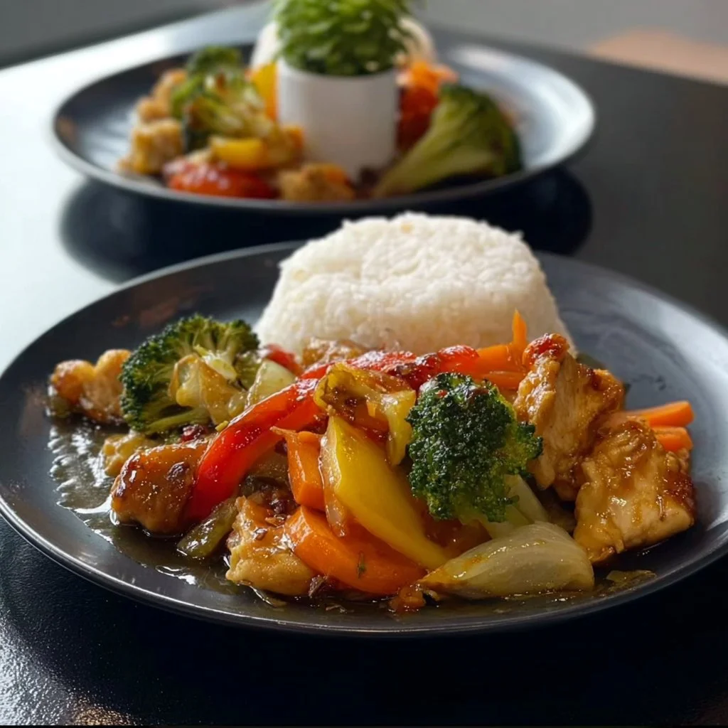 Leckere Hähnchenpfanne mit Gemüse und Gewürzen auf einem Teller serviert.